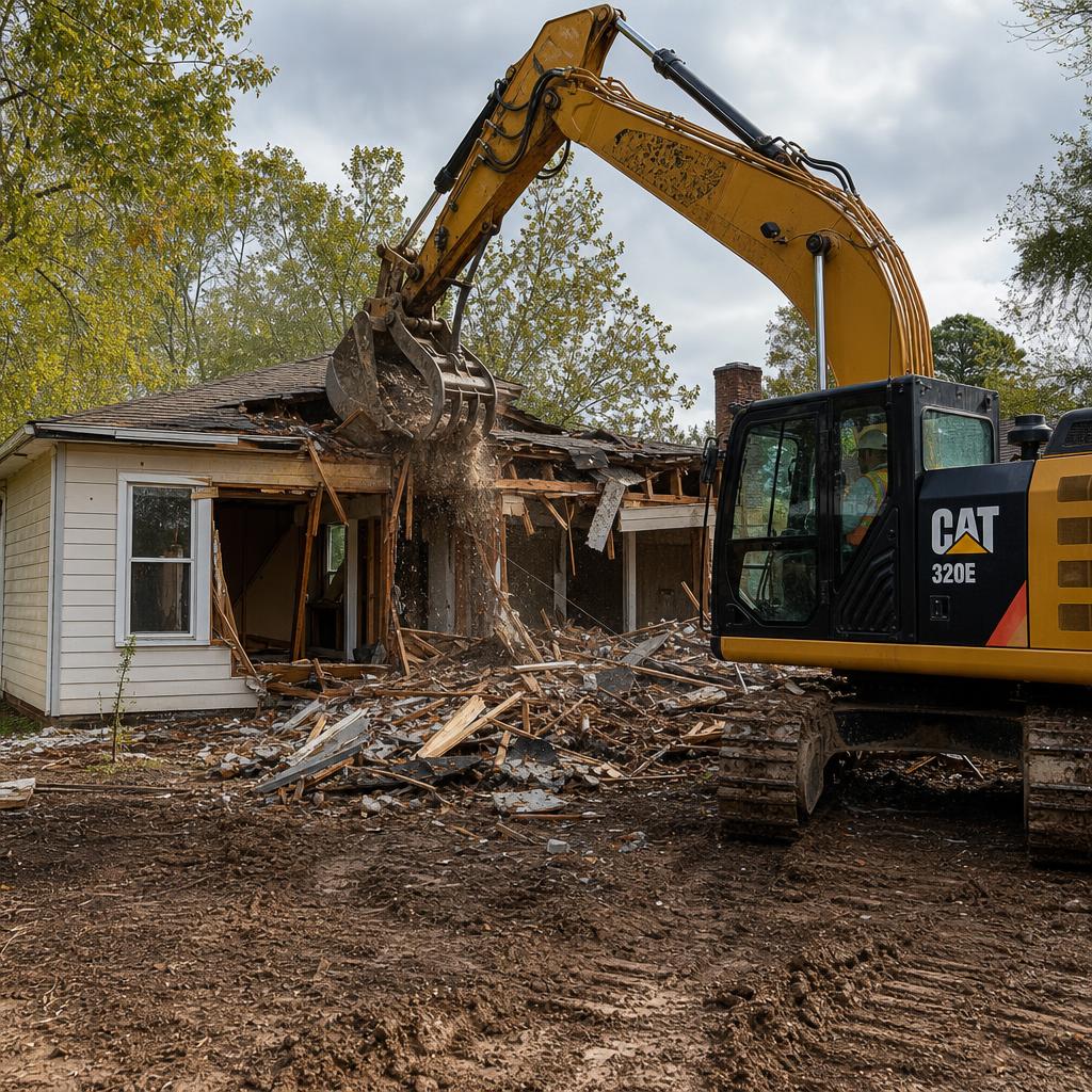 Excavator tearing down a house