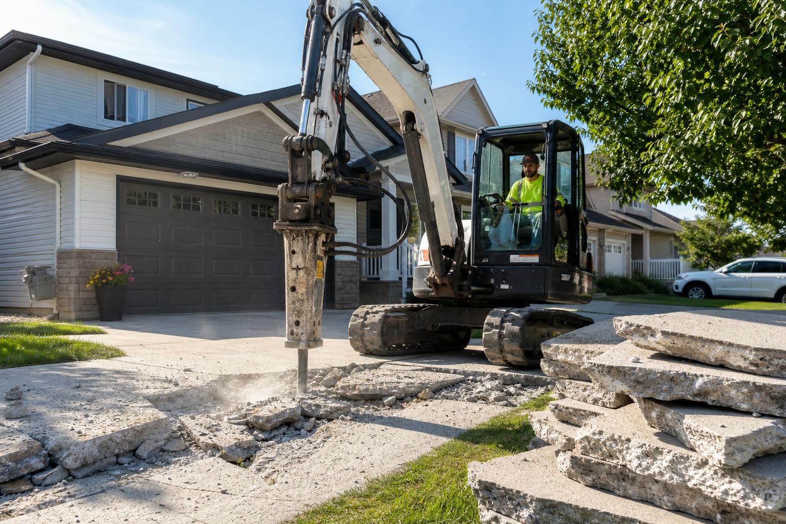 Hydraulic breaker removing a concrete driveway