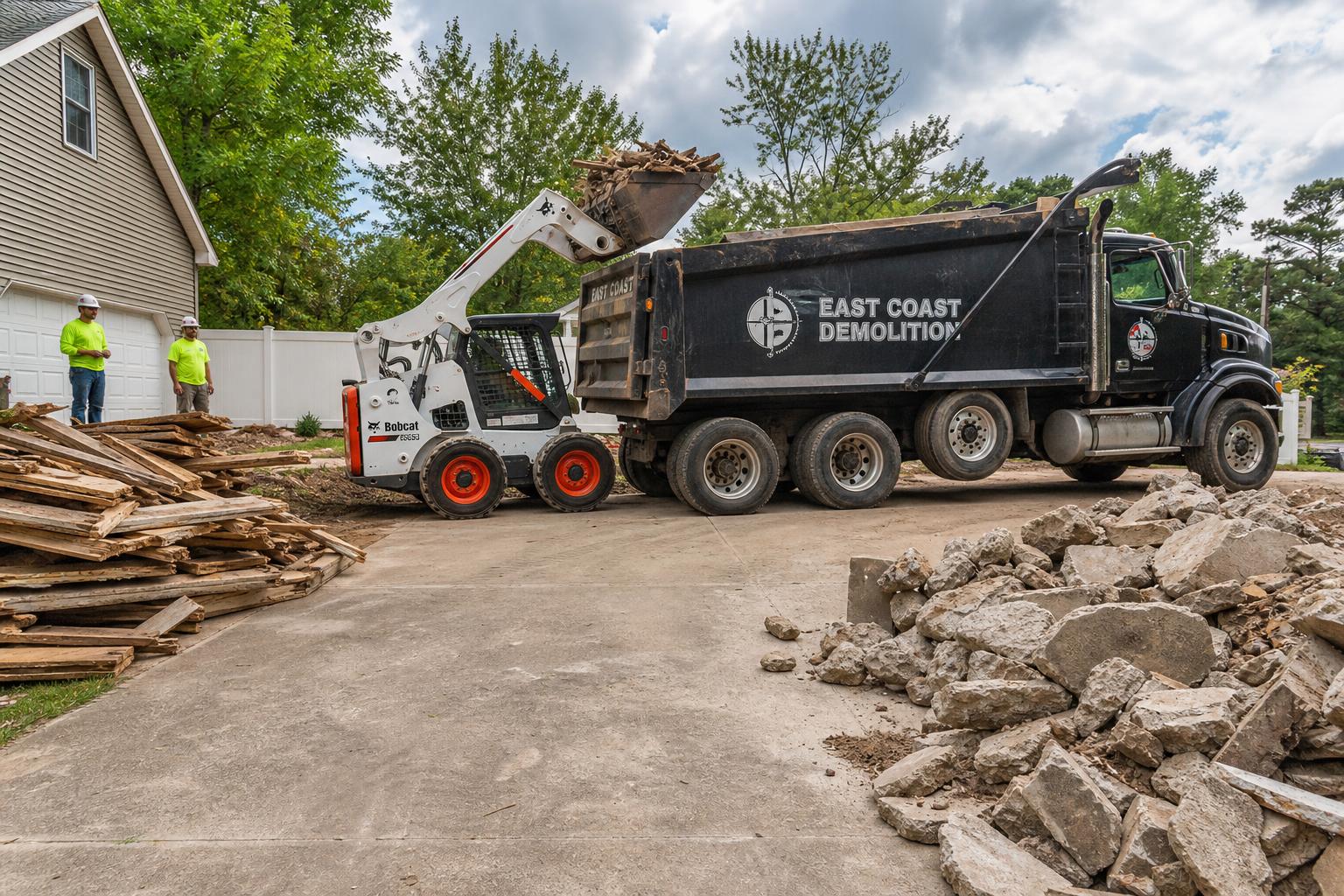 Crew loading demolition debris into a dump truck