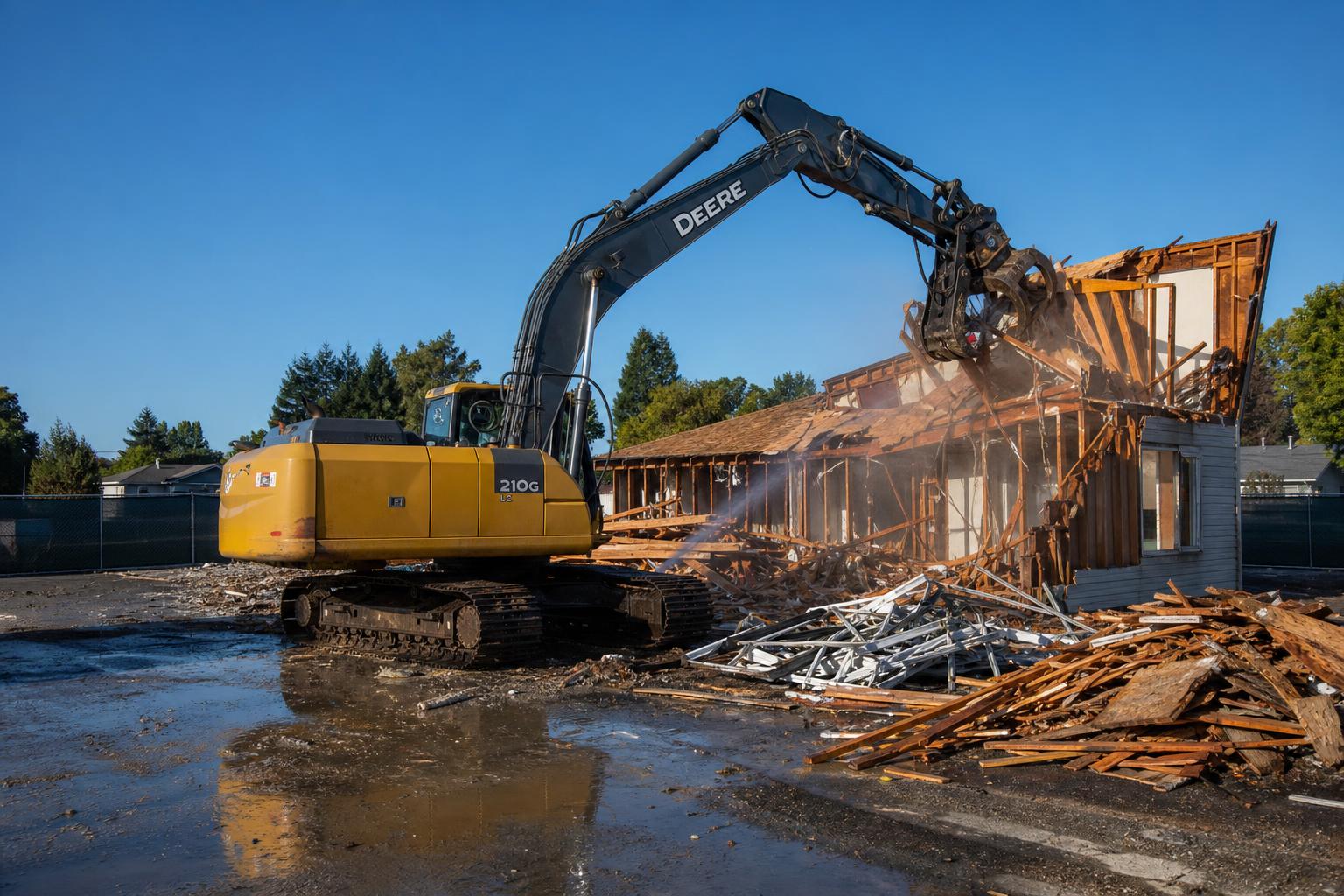 Excavator demolishing a house